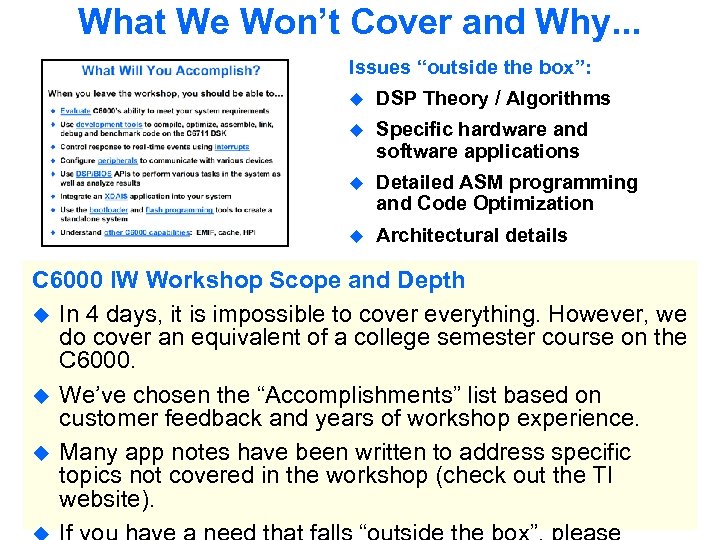 What We Won’t Cover and Why. . . Issues “outside the box”: DSP Theory