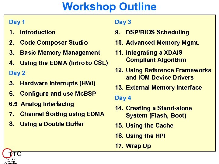 Workshop Outline Day 1 Day 3 1. Introduction 9. DSP/BIOS Scheduling 2. Code Composer