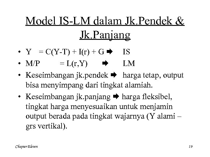 Model IS-LM dalam Jk. Pendek & Jk. Panjang • Y = C(Y-T) + I(r)