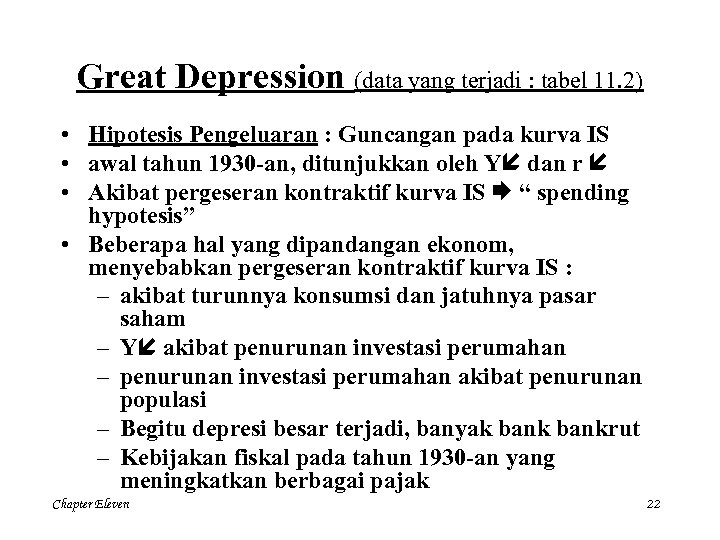 Great Depression (data yang terjadi : tabel 11. 2) • Hipotesis Pengeluaran : Guncangan