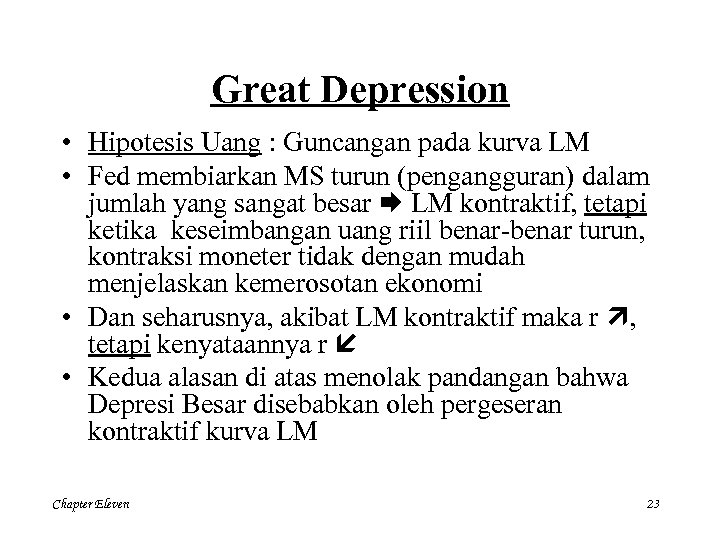 Great Depression • Hipotesis Uang : Guncangan pada kurva LM • Fed membiarkan MS