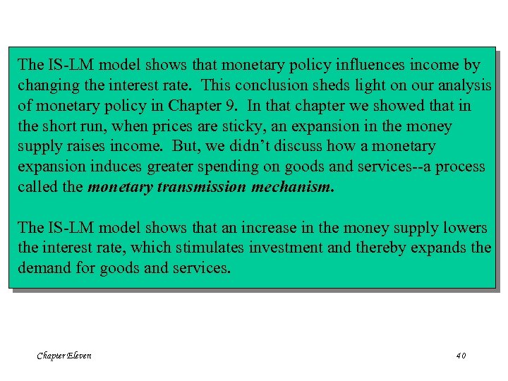 The IS-LM model shows that monetary policy influences income by changing the interest rate.