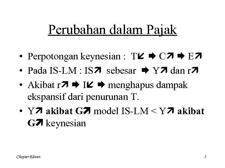 Perubahan dalam Pajak • Perpotongan keynesian : T C E • Pada IS-LM :