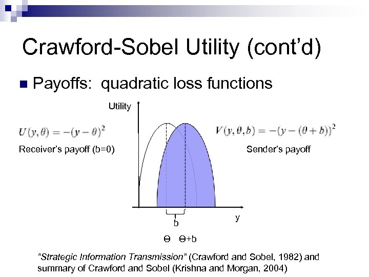 Crawford-Sobel Utility (cont’d) n Payoffs: quadratic loss functions Utility Receiver’s payoff (b=0) Sender’s payoff