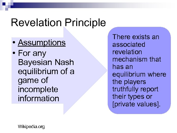 Revelation Principle • Assumptions • For any Bayesian Nash equilibrium of a game of