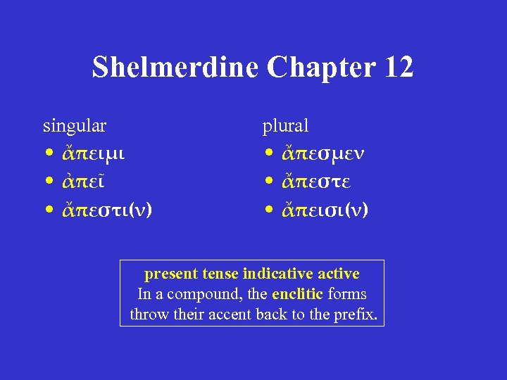Shelmerdine Chapter 12 singular • ἄπειμι • ἀπεῖ • ἄπεστι(ν) plural • ἄπεσμεν •