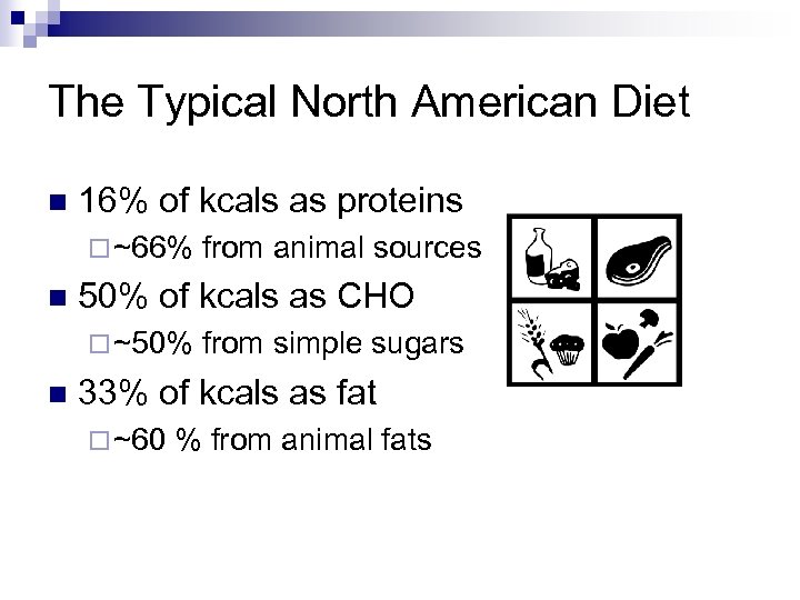 The Typical North American Diet n 16% of kcals as proteins ¨ ~66% n