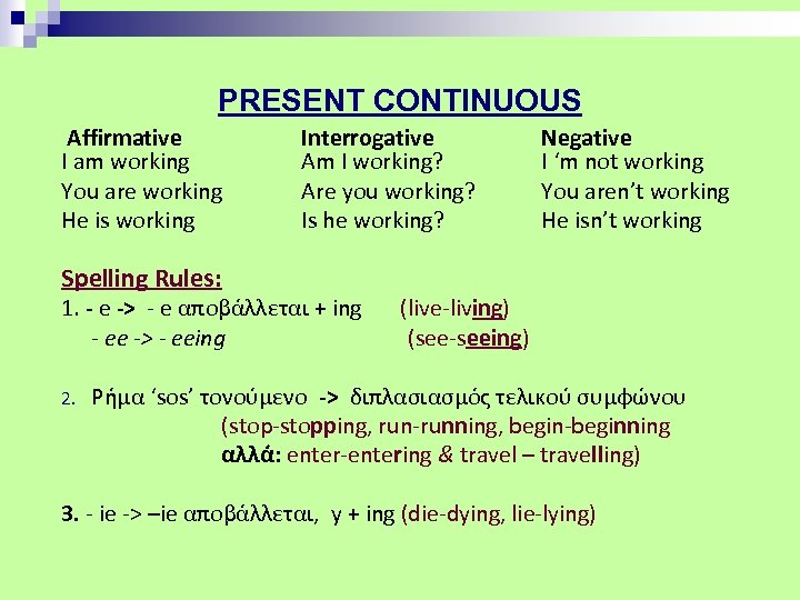 PRESENT CONTINUOUS Affirmative I am working You are working He is working Spelling Rules: