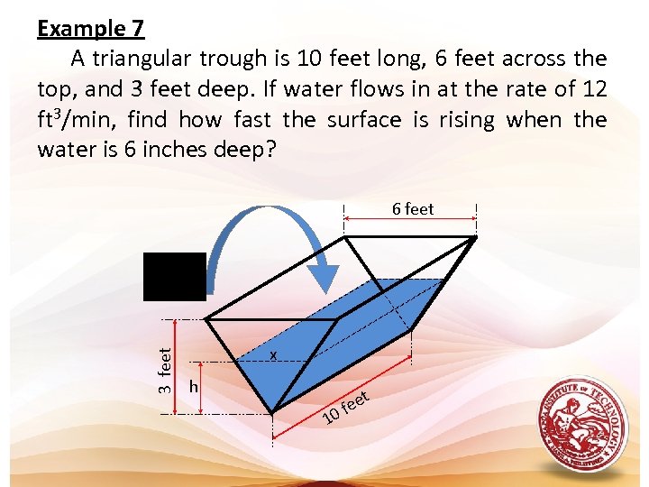 Example 7 A triangular trough is 10 feet long, 6 feet across the top,