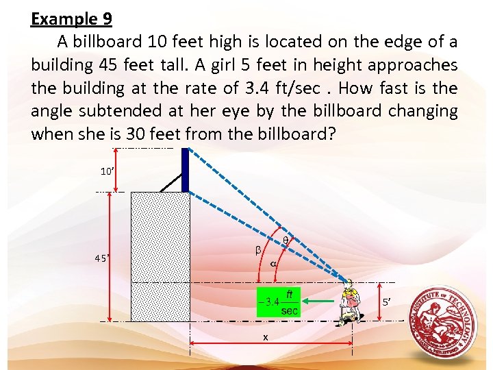 Example 9 A billboard 10 feet high is located on the edge of a