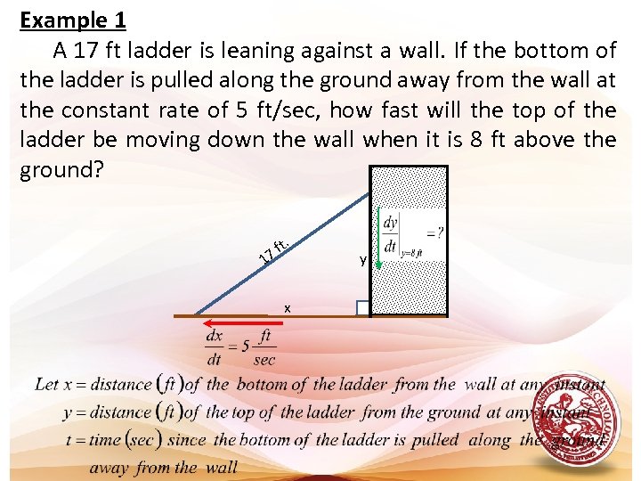 Example 1 A 17 ft ladder is leaning against a wall. If the bottom