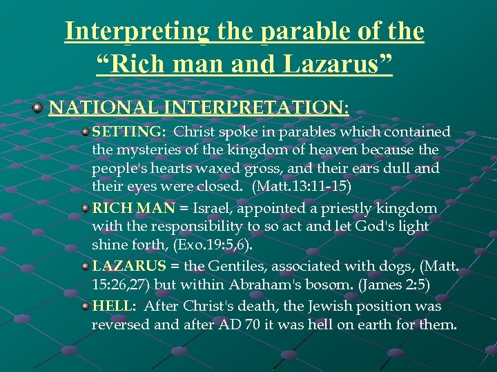 Interpreting the parable of the “Rich man and Lazarus” NATIONAL INTERPRETATION: SETTING: Christ spoke