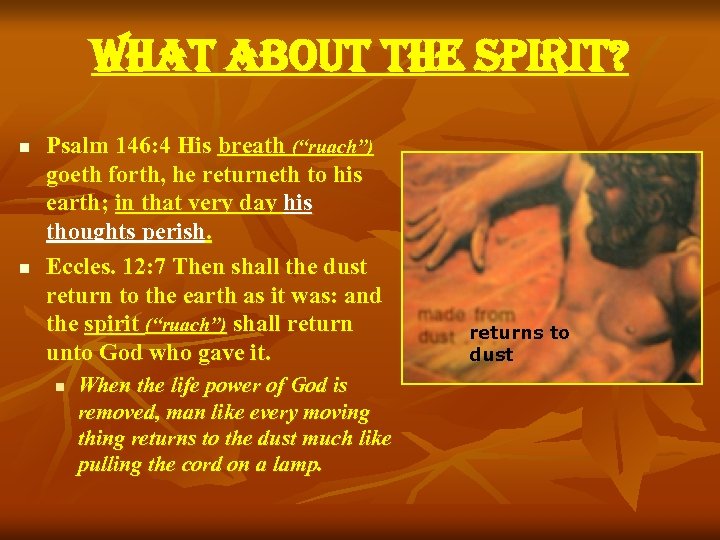 what about the spirit? n n Psalm 146: 4 His breath (“ruach”) goeth forth,