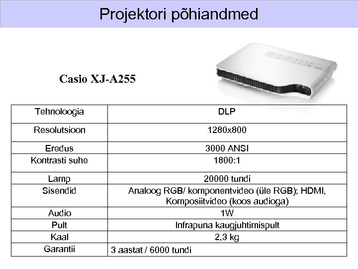 Projektori põhiandmed Casio XJ-A 255 Tehnoloogia DLP Resolutsioon 1280 x 800 Eredus Kontrasti suhe