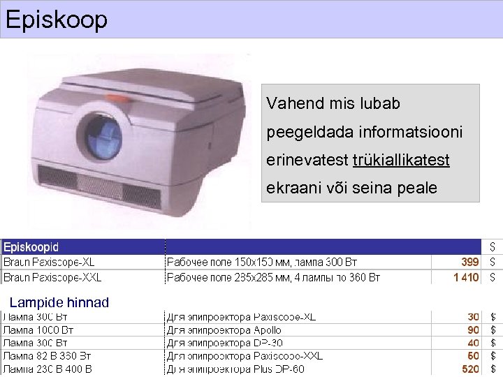 Episkoop Vahend mis lubab peegeldada informatsiooni erinevatest trükiallikatest ekraani või seina peale Lampide hinnad