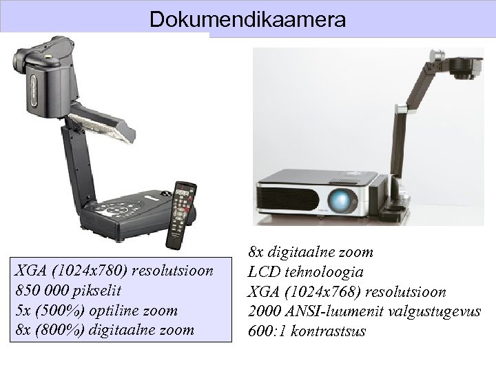 Dokumendikaamera XGA (1024 x 780) resolutsioon 850 000 pikselit 5 x (500%) optiline zoom