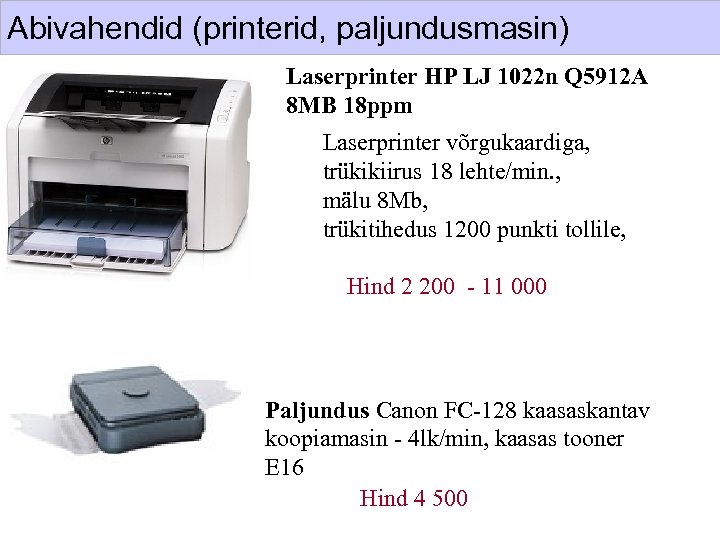 Abivahendid (printerid, paljundusmasin) Laserprinter HP LJ 1022 n Q 5912 A 8 MB 18