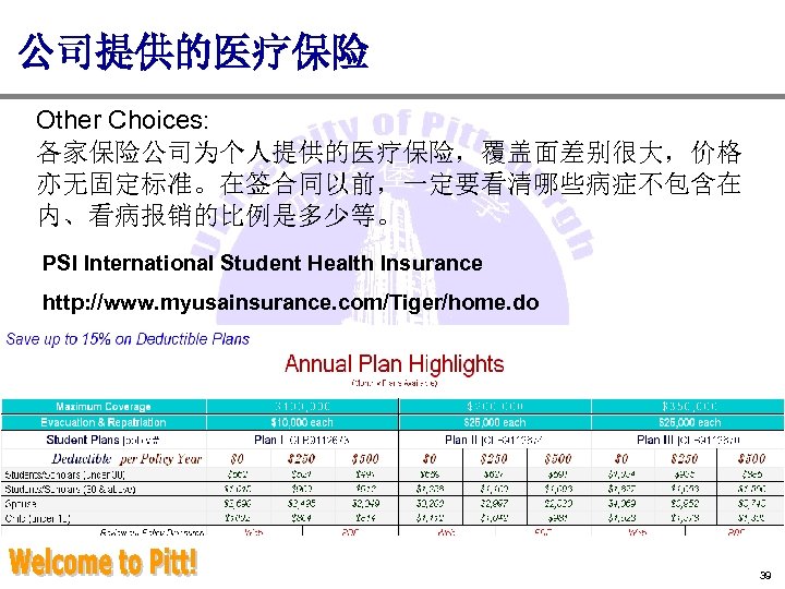 公司提供的医疗保险 Other Choices: 各家保险公司为个人提供的医疗保险，覆盖面差别很大，价格 亦无固定标准。在签合同以前，一定要看清哪些病症不包含在 内、看病报销的比例是多少等。 PSI International Student Health Insurance http: //www. myusainsurance.