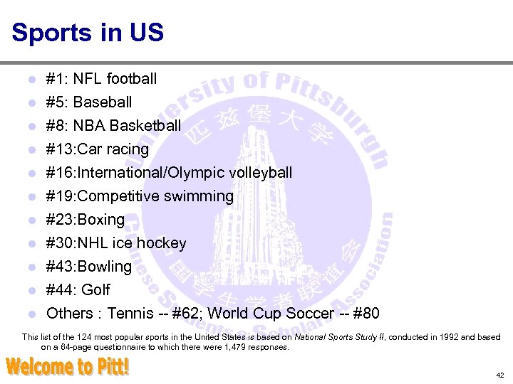 Sports in US #1: NFL football l #5: Baseball l l #8: NBA Basketball