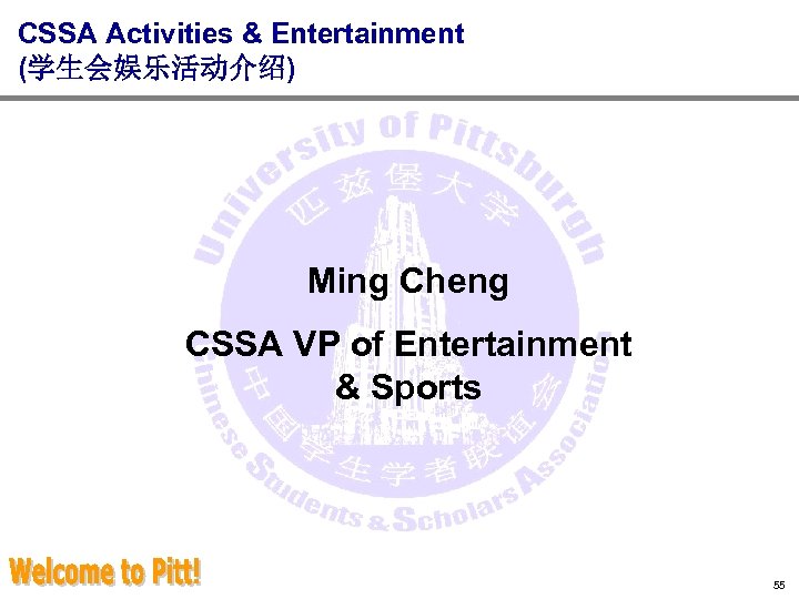 CSSA Activities & Entertainment (学生会娱乐活动介绍) Ming Cheng CSSA VP of Entertainment & Sports 55