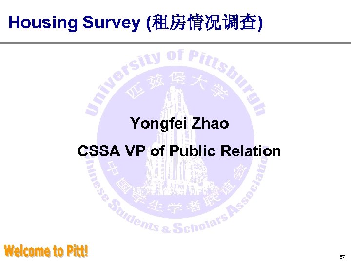 Housing Survey (租房情况调查) Yongfei Zhao CSSA VP of Public Relation 67 