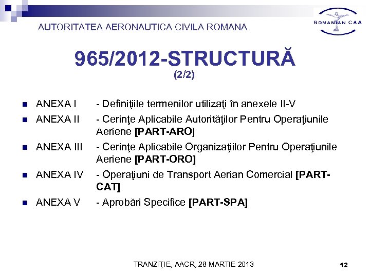 AUTORITATEA AERONAUTICA CIVILA ROMANA 965/2012 -STRUCTURĂ (2/2) n ANEXA I - Definiţiile termenilor utilizaţi