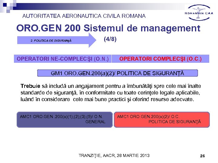 AUTORITATEA AERONAUTICA CIVILA ROMANA ORO. GEN 200 Sistemul de management 2. POLITICA DE SIGURANţĂ