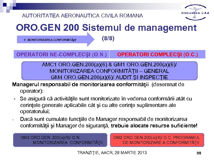 AUTORITATEA AERONAUTICA CIVILA ROMANA ORO. GEN 200 Sistemul de management 6. MONITORIZAREA CONFORMITĂţII (8/8)