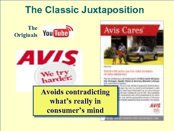 The Classic Juxtaposition The Originals Avoids contradicting what’s really in consumer’s mind 