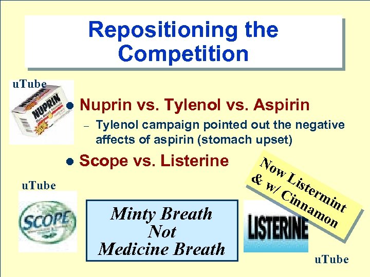 Repositioning the Competition u. Tube l Nuprin vs. Tylenol vs. Aspirin – l Tylenol