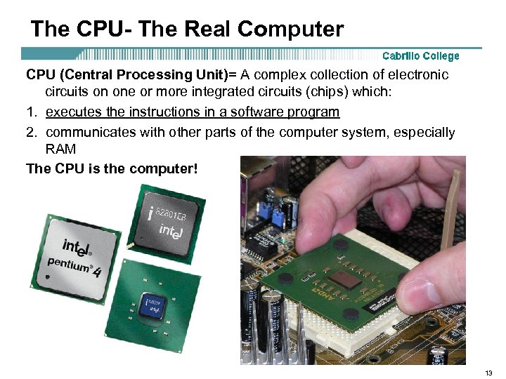 The CPU- The Real Computer CPU (Central Processing Unit)= A complex collection of electronic