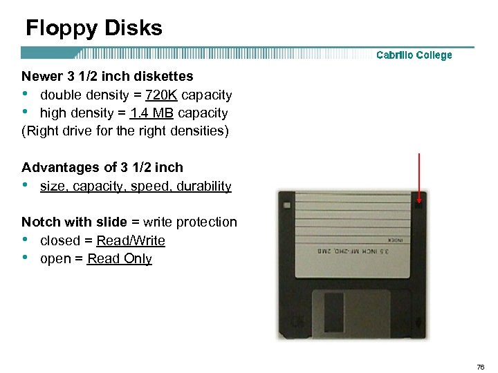 Floppy Disks Newer 3 1/2 inch diskettes • double density = 720 K capacity