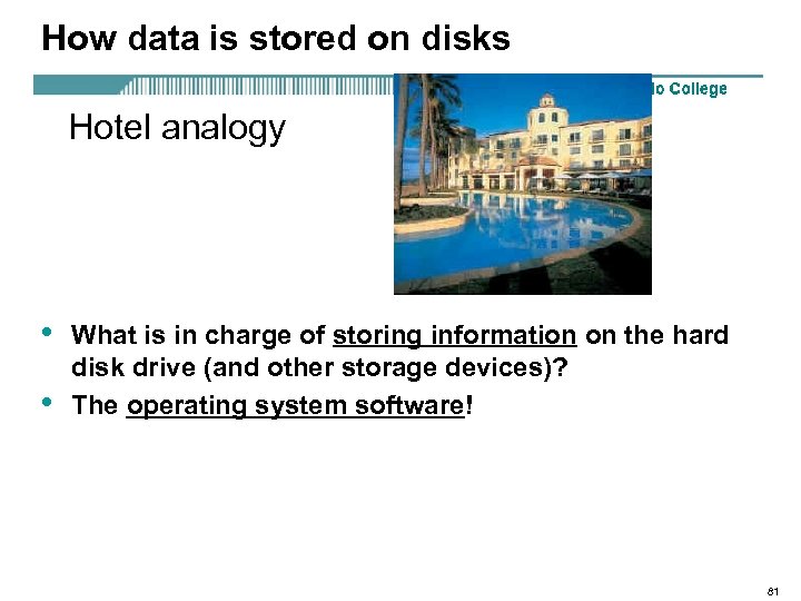 How data is stored on disks Hotel analogy • • What is in charge