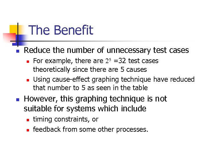 The Benefit n Reduce the number of unnecessary test cases n n n For