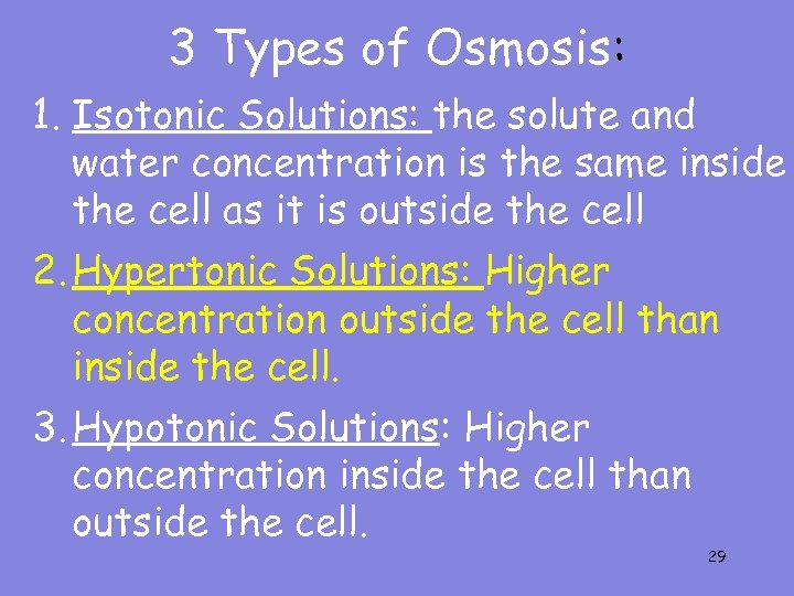 3 Types of Osmosis: 1. Isotonic Solutions: the solute and water concentration is the