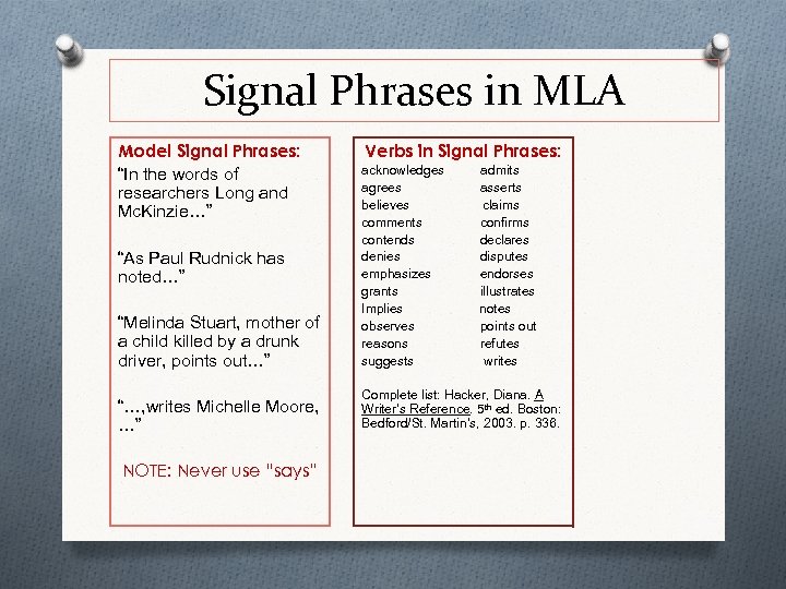 Signal Phrases in MLA Model Signal Phrases: “In the words of researchers Long and