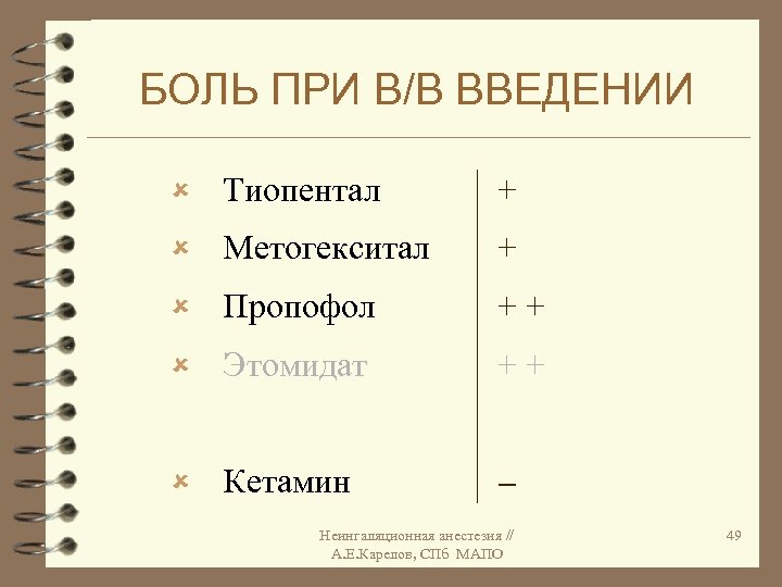 БОЛЬ ПРИ В/В ВВЕДЕНИИ û Тиопентал + û Метогекситал + û Пропофол ++ û