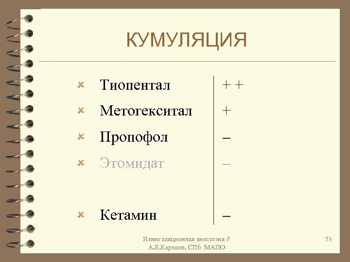 КУМУЛЯЦИЯ û Тиопентал ++ û Метогекситал + û Пропофол û Этомидат û Кетамин Неингаляционная