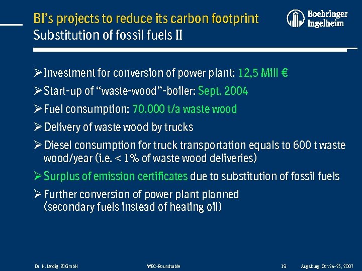 BI’s projects to reduce its carbon footprint Substitution of fossil fuels II Ø Investment