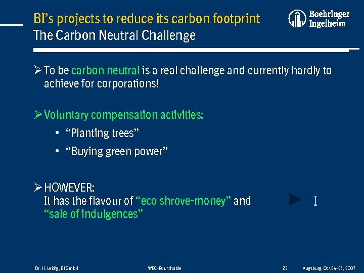 BI’s projects to reduce its carbon footprint The Carbon Neutral Challenge Ø To be