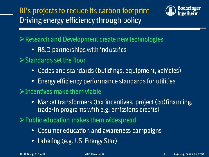 BI’s projects to reduce its carbon footprint Driving energy efficiency through policy Ø Research