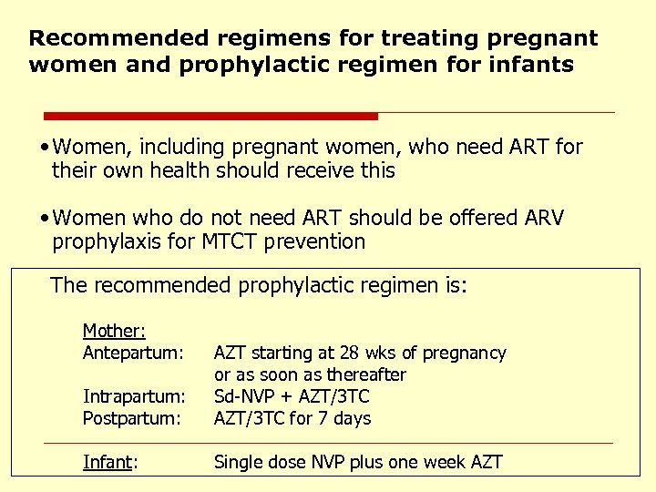 Recommended regimens for treating pregnant women and prophylactic regimen for infants • Women, including