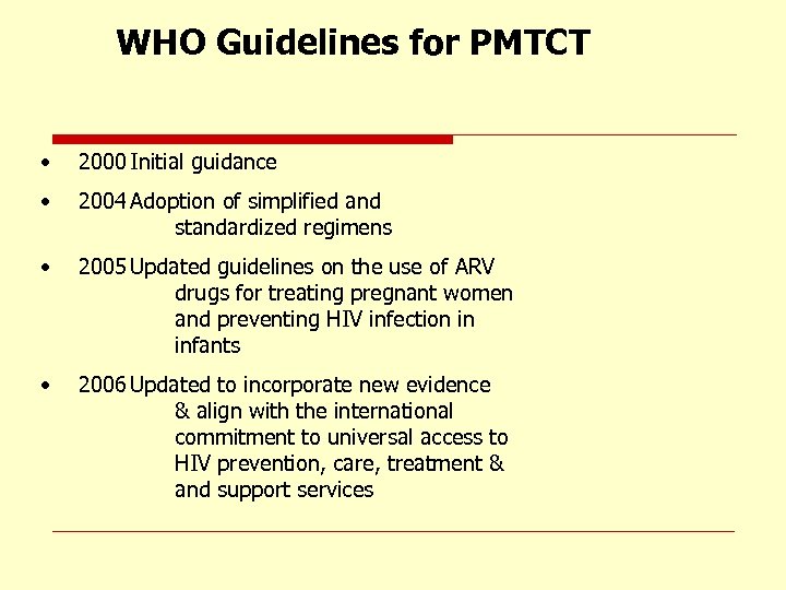 WHO Guidelines for PMTCT • 2000 Initial guidance • 2004 Adoption of simplified and
