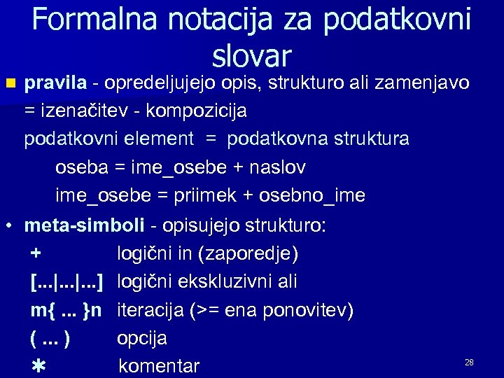 Formalna notacija za podatkovni slovar pravila - opredeljujejo opis, strukturo ali zamenjavo = izenačitev