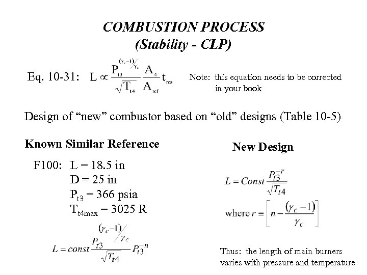 COMBUSTION PROCESS (Stability - CLP) Eq. 10 -31: Note: this equation needs to be