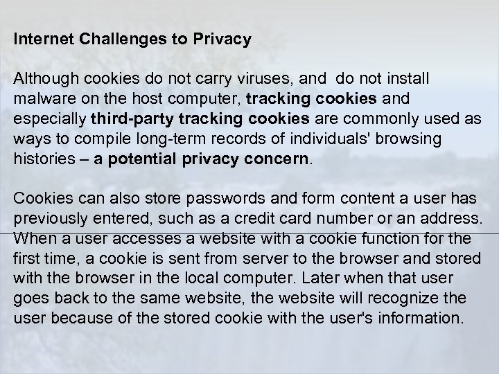 Internet Challenges to Privacy Although cookies do not carry viruses, and do not install