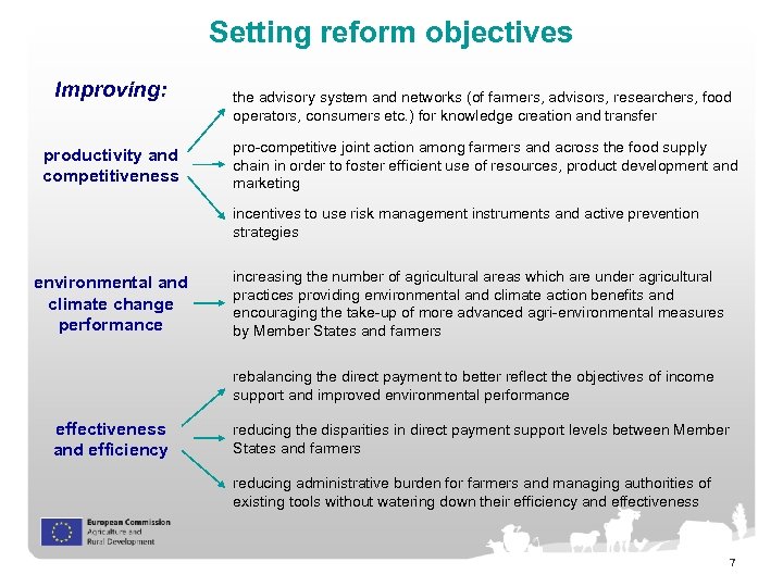 Setting reform objectives Improving: productivity and competitiveness the advisory system and networks (of farmers,