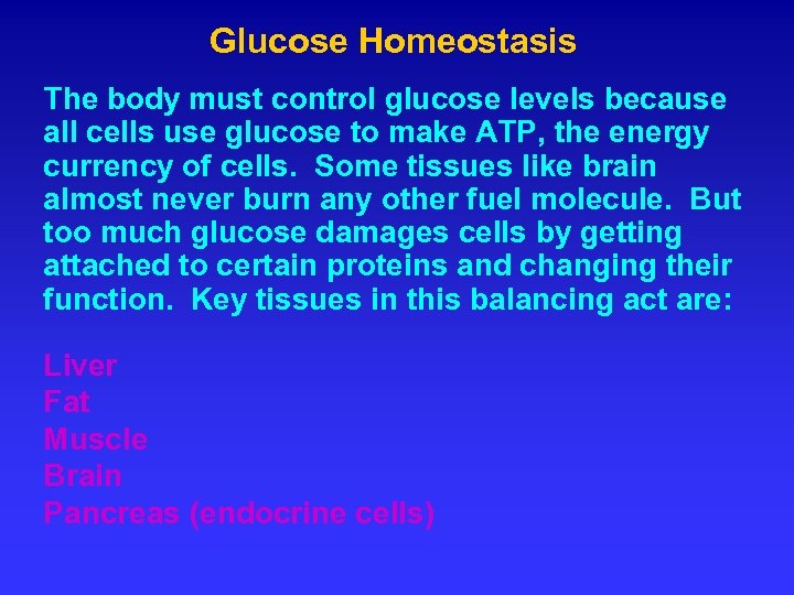 Glucose Homeostasis The body must control glucose levels because all cells use glucose to