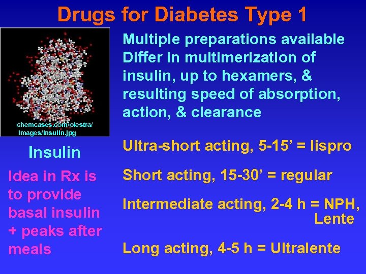 Drugs for Diabetes Type 1 Multiple preparations available Differ in multimerization of insulin, up