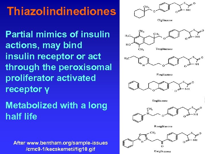 Thiazolindinediones Partial mimics of insulin actions, may bind insulin receptor or act through the